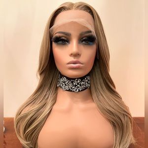 PREMIUM MOCCA BLONDE NATURAL LIGHT ENDS SET WAVY WIG NATURAL LACE HIGHLIGHTS